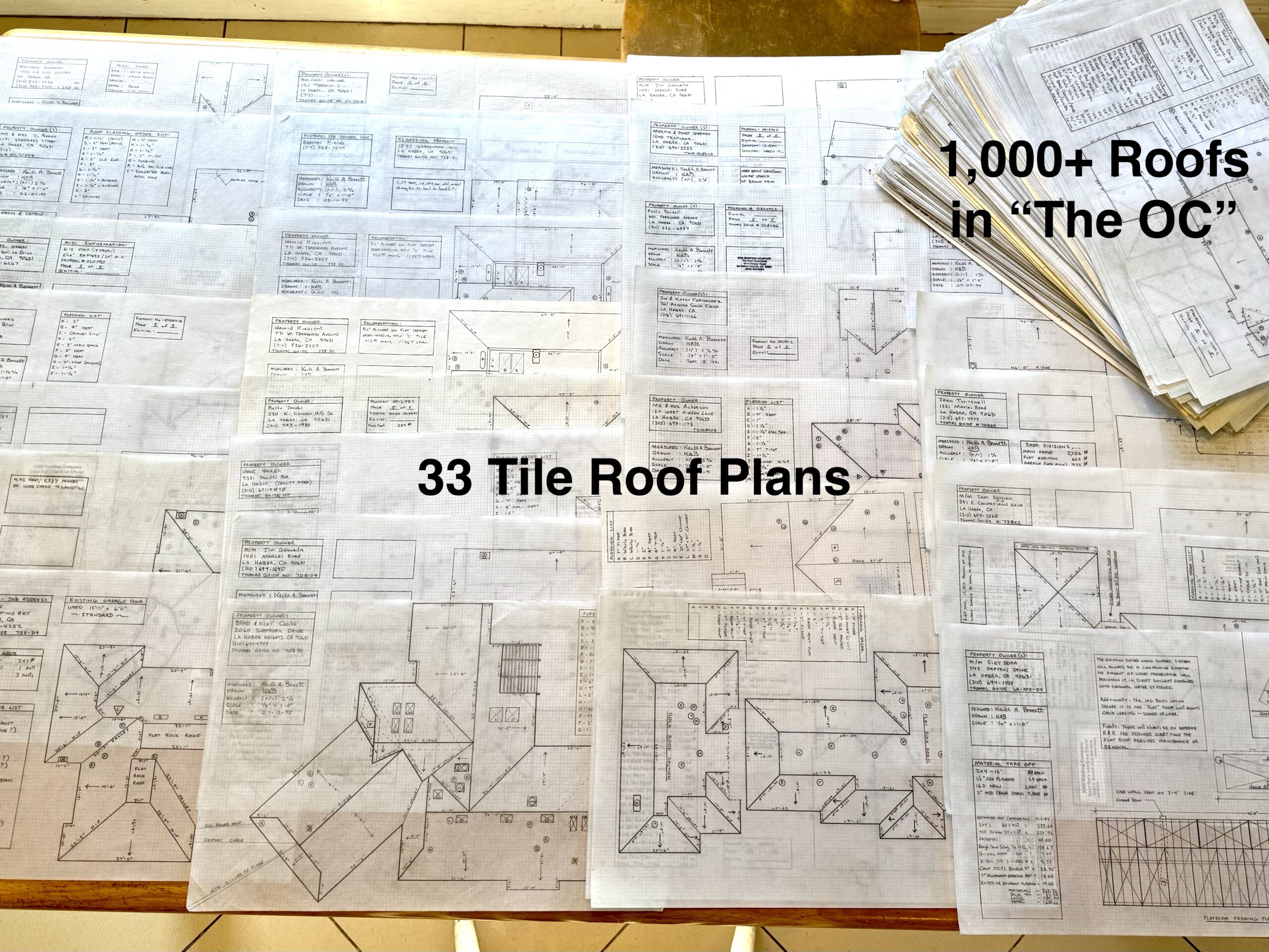 Example: 30 hand-drawn 11×17 roof plans from Keith’s archive of 1,000+.